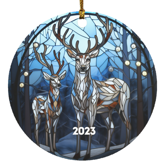 Couple Blue Reindeer Stained Glass Christmas Ornament