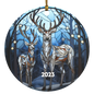 Couple Blue Reindeer Stained Glass Christmas Ornament