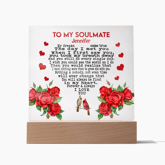 Personalized To My Soulmate Gift | Red Rose, Hearts & Birds Acrylic Plaque Custom Night Light Gift | Gift for Soulmate/Her/Him