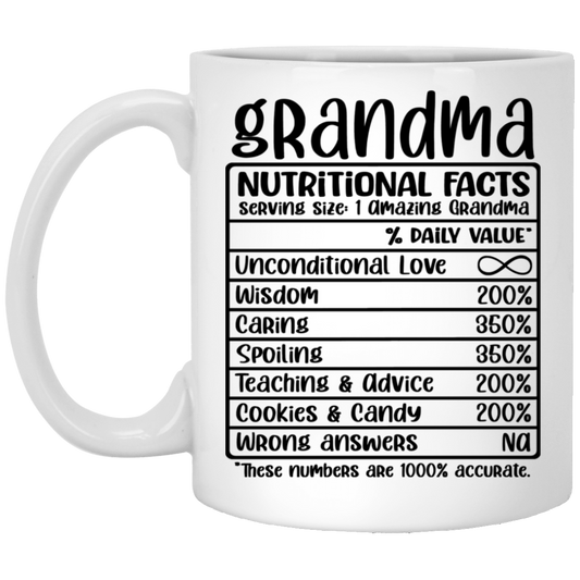 Grandma Nutritional Facts 11 oz. White Mug☕ | Gift for Grandma